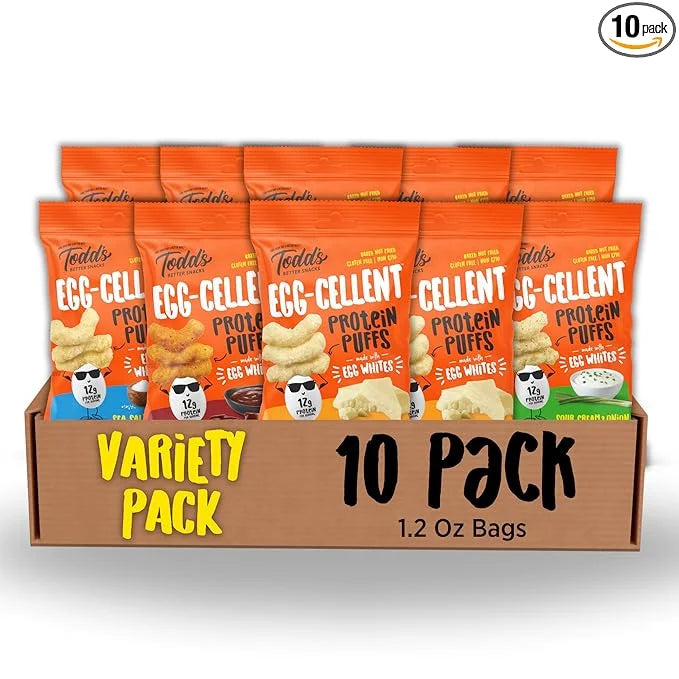 Todd's Better Snacks Egg-Cellent Protein Puffs, Variety Pack, 1.2 Oz (Pack of 10), Made with Egg Whites, 12g Protein, Glut...