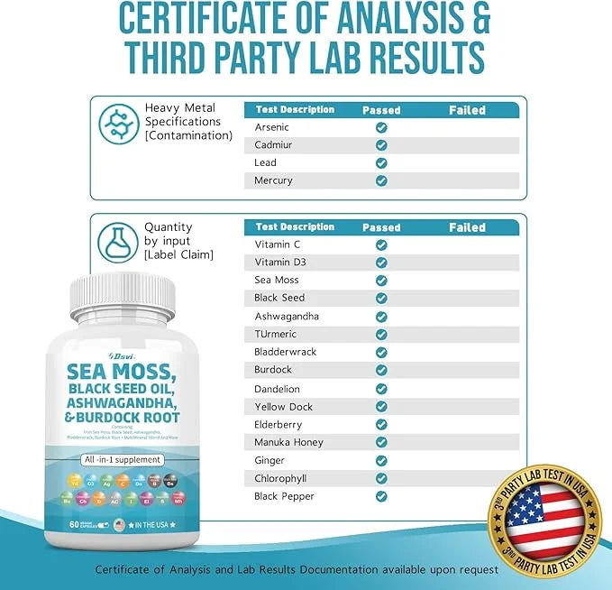 Sea Moss 3000mg Black Seed Oil 2000mg Ashwagandha 1000mg Bladderwrack 1000mg Turmeric 1000mg Burdock 1000mg Vitamin D3 Eld...