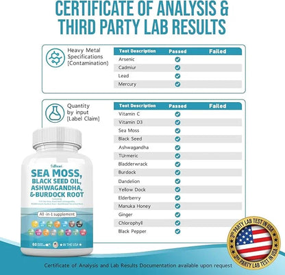 Sea Moss 3000mg Black Seed Oil 2000mg Ashwagandha 1000mg Bladderwrack 1000mg Turmeric 1000mg Burdock 1000mg Vitamin D3 Eld...
