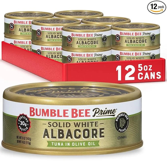 Bumble Bee Prime Solid White Albacore Tuna in Olive Oil, 5 oz Cans (Pack of 12) - Premium Wild Caught Tuna - 30g Protein p...