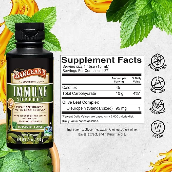 Barlean's Peppermint Olive Leaf Complex Liquid Immune Support Supplement with 95mg Oleuropein Antioxidants, 8 Ounce - Prod...