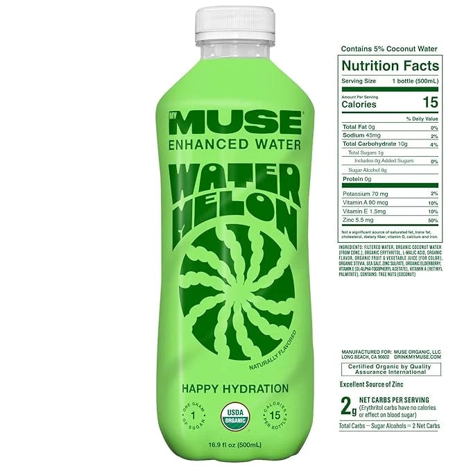 MyMuse Organic Enhanced Flavored Water, Watermelon, 16.9oz Bottle (12 pack), 1G of Sugar, Immune Support with Zinc & Elder...