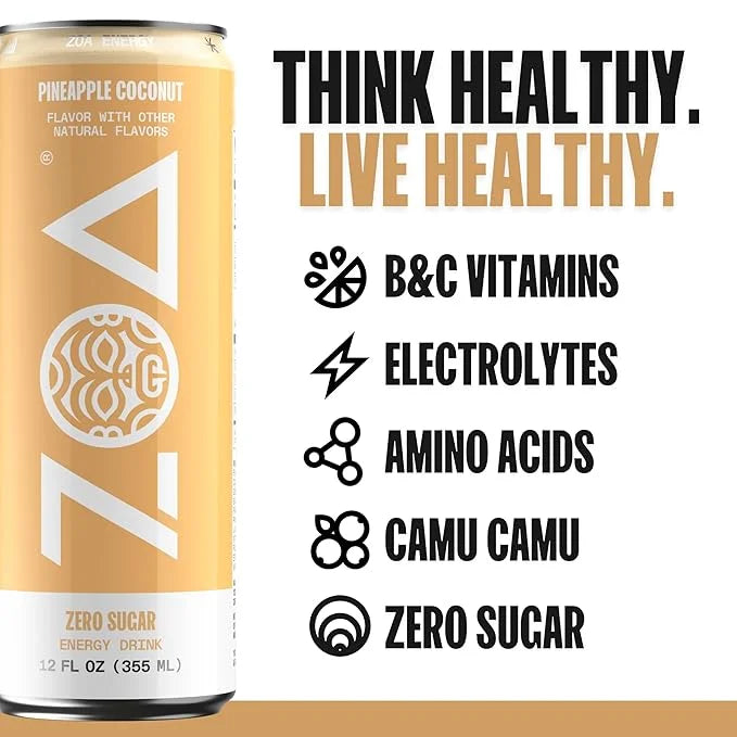 ZOA Zero Sugar Energy Drinks, Pineapple Coconut - Sugar Free with Electrolytes, Healthy Vitamin C, Amino Acids, Essential ...