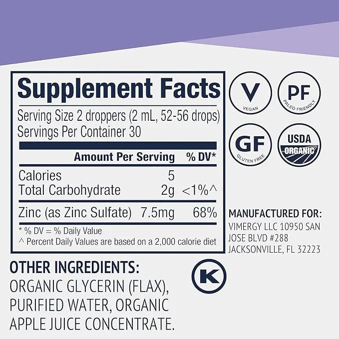 Vimergy Organic Liquid Zinc, Travel Size - 27 Servings – Alcohol Free Zinc Sulfate – Supports Immune Health & Metabolism –...