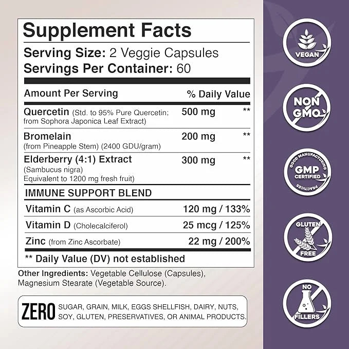 Quercetin with Vitamin C and Zinc 500mg - D3 - 6 in 1 Daily 4 Months