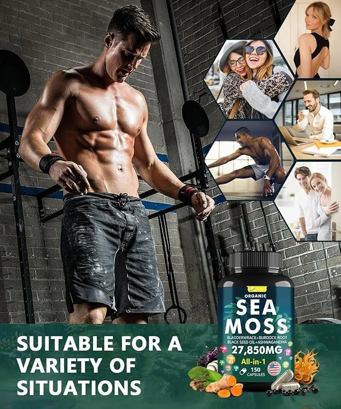 Sea Moss Capsules，Irish Sea Moss Capsules - with Aşhwagandha, Black Seed Oil & Turmeric - 150 Capsules - Product Image