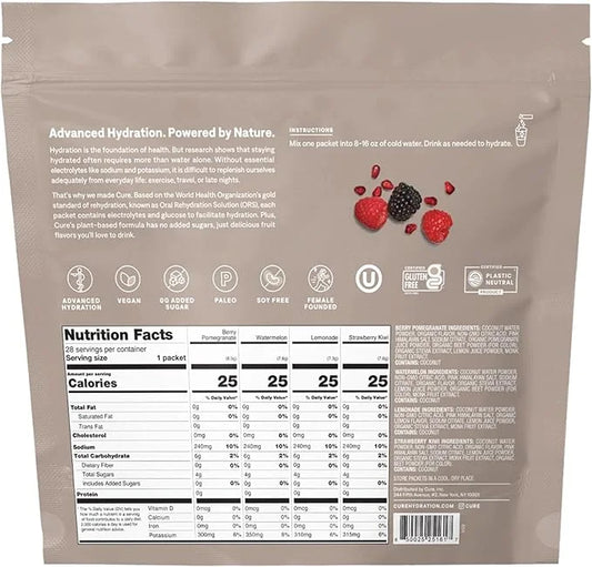 Cure Hydration | Plant-Based Electrolyte Drink Mix | No Added Sugar | FSA & HSA | Dehydration Relief Powder Made with Coco...