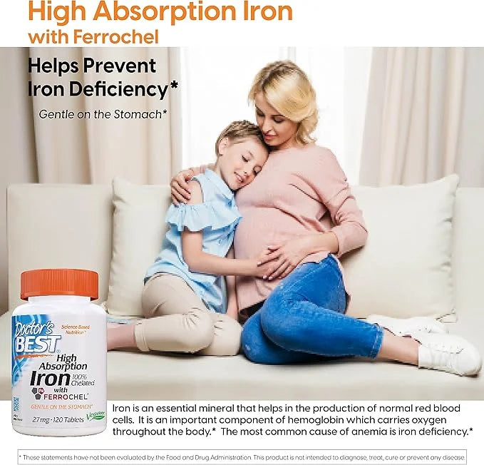 Doctor's Best High Absorption Iron Tablet with Ferrochel, Gentle on The Stomach, Immune Health, Blood Health, 27 mg (Pack ...