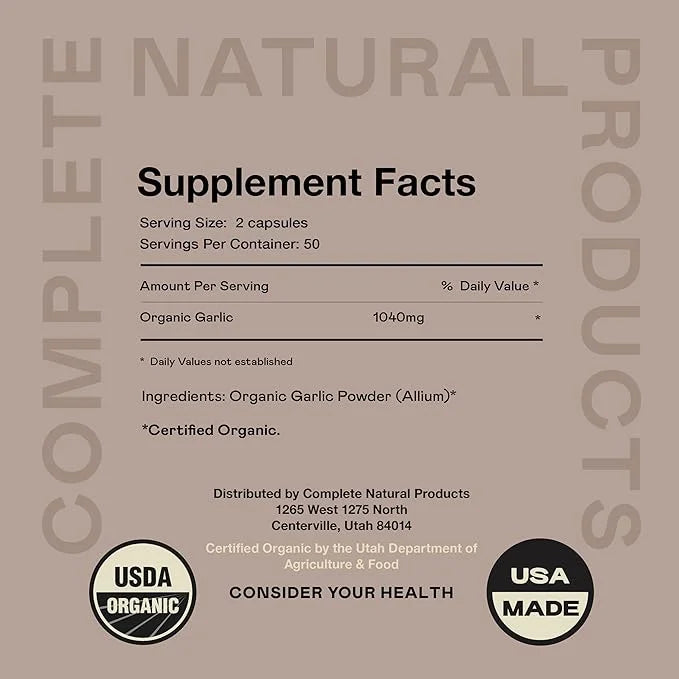 Complete Natural Products Organic Garlic Capsules 520mg Capsules 100 Count