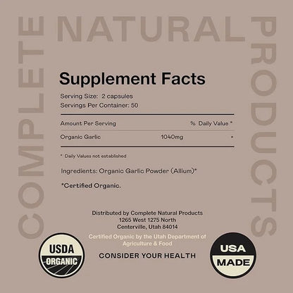 Complete Natural Products Organic Garlic Capsules 520mg Capsules 100 Count