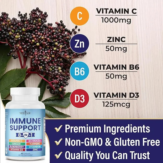 NEW AGE 8 in 1 Immune 50mg, Vitamin 5000 IU, B6, Elderberry (8 in 1 Capsules 3))