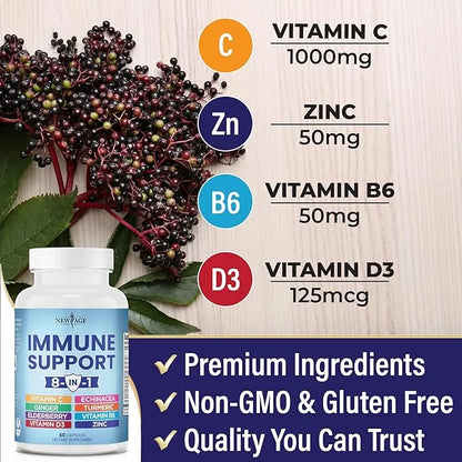 NEW AGE 8 in 1 Immune 50mg, Vitamin 5000 IU, B6, Elderberry (8 in 1 Capsules 3))