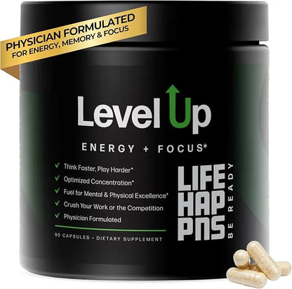 Life Happns Level Up Energy and Focus Supplement with Lions Mane, Ginkgo Biloba, L Theanine, Cordyceps Mushroom, Vitamin B...