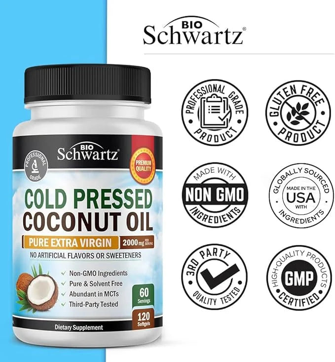 Coconut Oil Capsules 2000mg - Organic Pure Extra Virgin Unrefined Cold Pressed MCT Rich & Non-GMO for Healthy Skin Nails H...