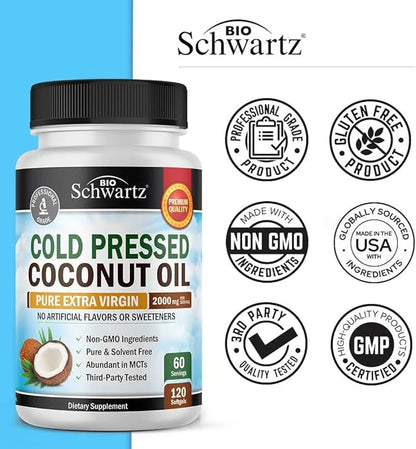 Coconut Oil Capsules 2000mg - Organic Pure Extra Virgin Unrefined Cold Pressed MCT Rich & Non-GMO for Healthy Skin Nails H...