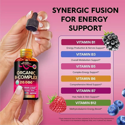 USDA Organic Vitamin B-Complex B5 Pantothenic Acid B12 Methylcobalamin B1 Thiamine B6 Pyridoxine B7 Biotin B9 Folic B3 Nia...