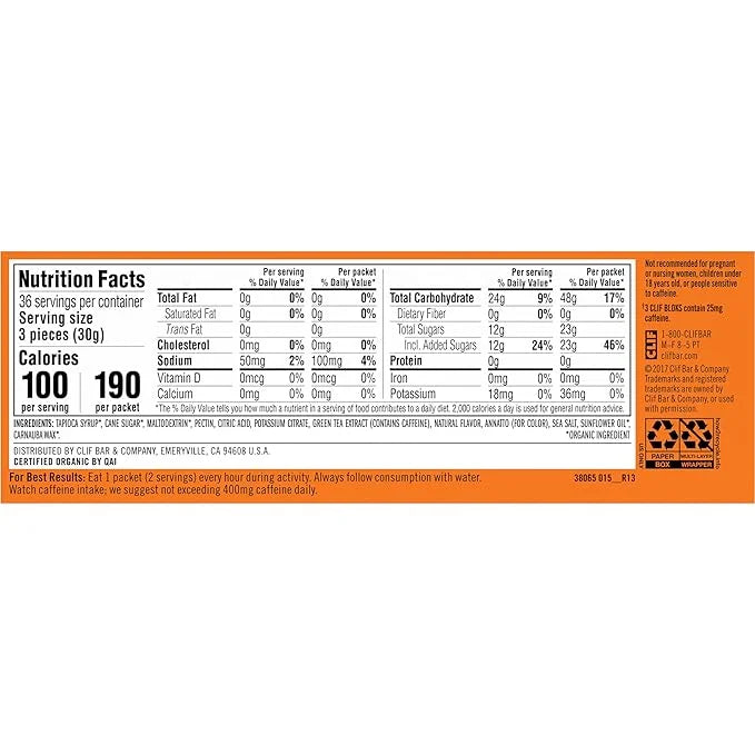 CLIF BLOKS - Orange Flavor with Caffeine - Energy Chews - Non-GMO - Plant Based - Fast Fuel for Cycling and Running - Quic...