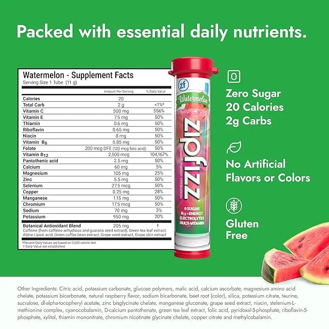 Zipfizz Daily Energy Drink Powder, Watermelon, 20 Pack | 3-in-1 Sustained Energy, Rapid Hydration, and Essential Vitamins ...