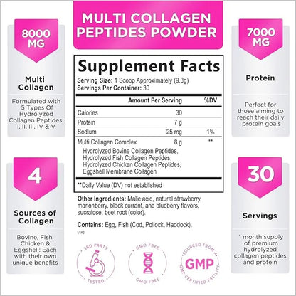 Multi Collagen Peptides Powder, Hydrolyzed Collagen 30 Servings