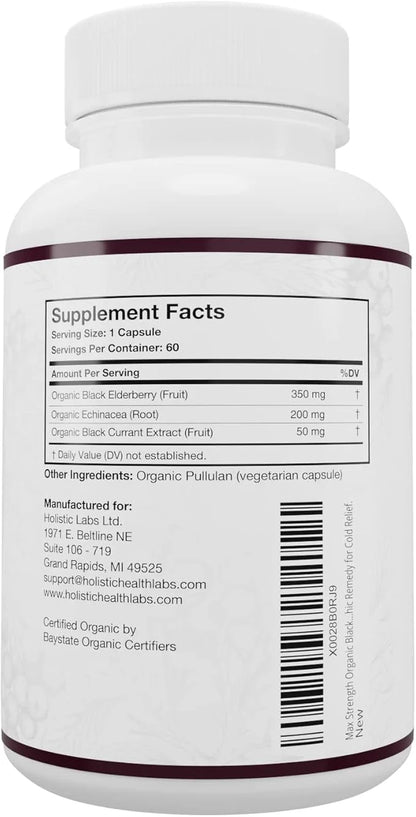 Max Strength USDA Organic Black Elderberry, 3 in 1 Natural 60 Count