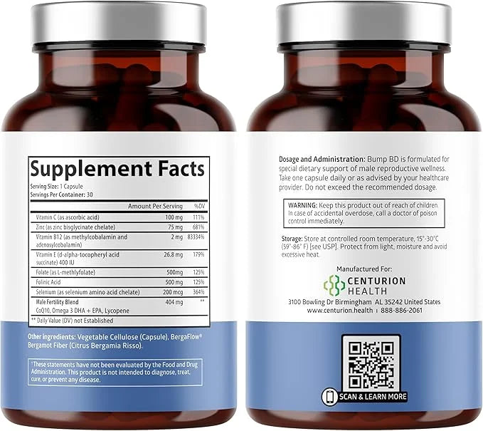 Bump BD, Natural Fertility Supplement for Men, Male Prenatal Vitamins with Selenium, CoQ10, L-Methylfolate, Folinic Acid, ...