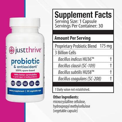 Just Thrive Probiotic & Antioxidant Supplement 100% Spore-Based 30 Caps