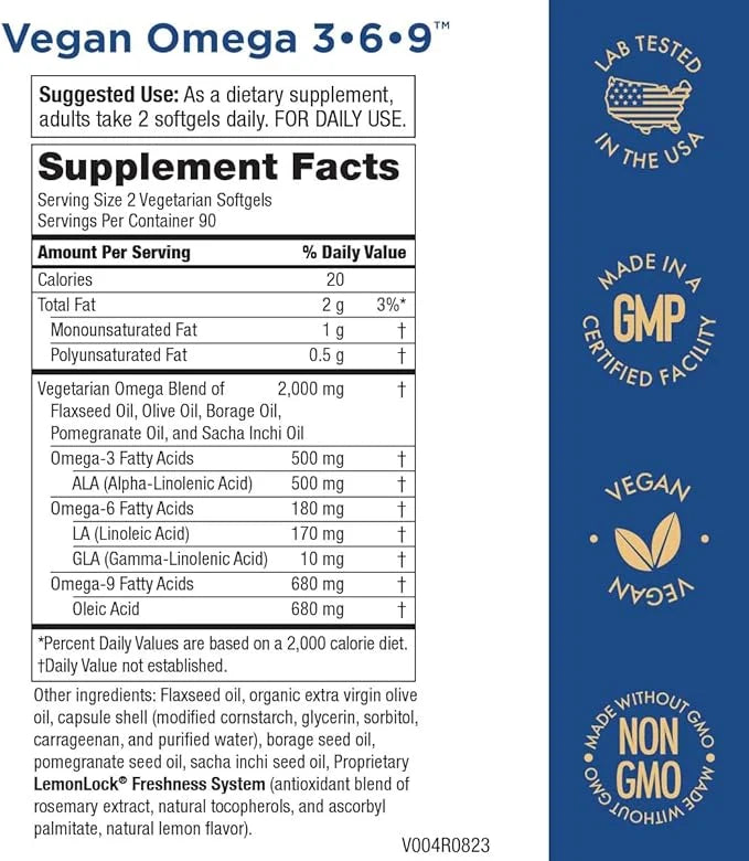 Purity Products Omega 3-6-9 Vegan Omega Formula “5 in 1” Essential 3 6 6 9 9 Essential 3 Month 180 Softgels