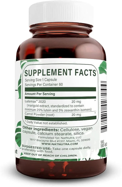 Natural Nutra Lutein and Zeaxanthin Supplement, 20mg - 60 Capsules