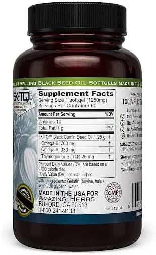 Amazing Herbs Premium Black Seed Oil Capsules - High Potency, Cold Pressed Nigella Sativa Aids in Digestive Health, Immune...