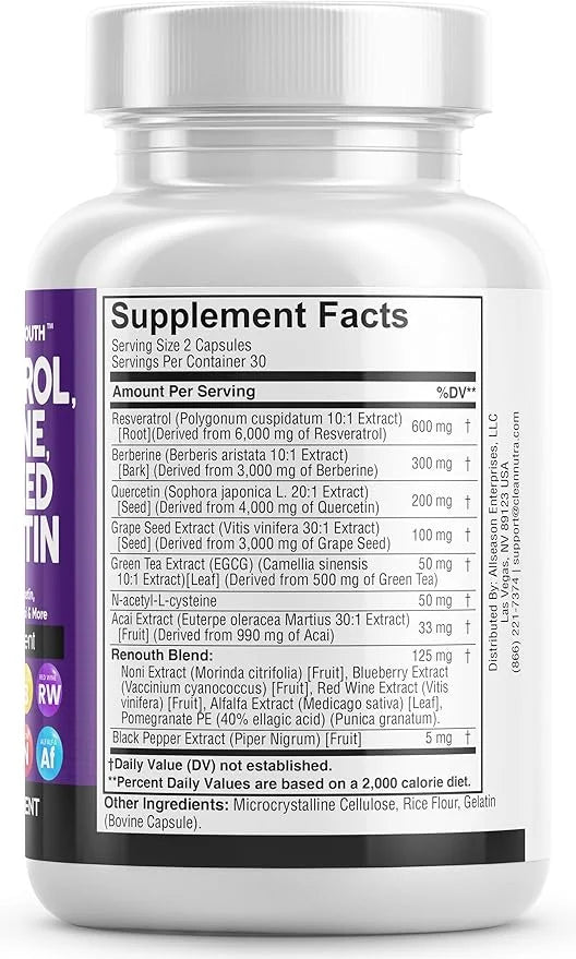 Resveratrol 6000mg Berberine 3000mg Grape Seed 3000mg Quercetin 4000mg Green 60 Capsules
