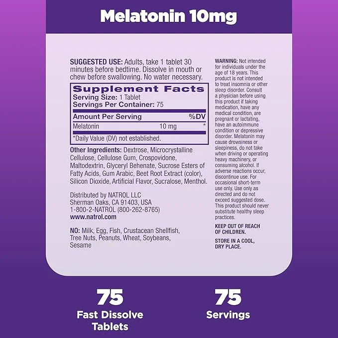 Natrol Fast Dissolve Melatonin 10 mg, Melatonin Supplements for Restful Sleep, Sleep Support for Adults, 75 Strawberry-Fla...