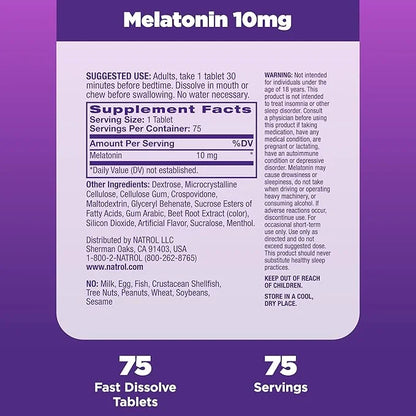 Natrol Fast Dissolve Melatonin 10 mg, Melatonin Supplements for Restful Sleep, Sleep Support for Adults, 75 Strawberry-Fla...