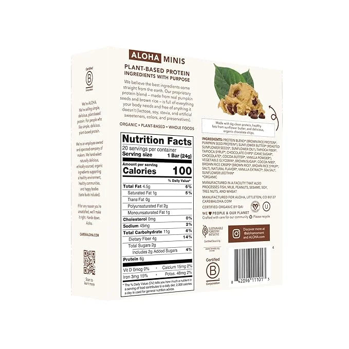 ALOHA Organic Plant Based Protein Bar MINIS |Chocolate Chip Cookie Dough| 20 Count, 24g Bars | Vegan, Low Sugar, Gluten Fr...