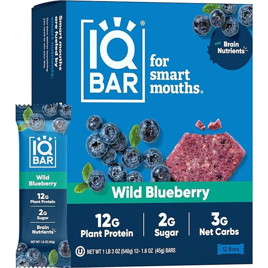 IQBAR Brain and Body Plant Protein Bars - Wild Blueberry - 12-Count Low Carb - Gluten Free, High Fiber, Vegan Snacks - Low...