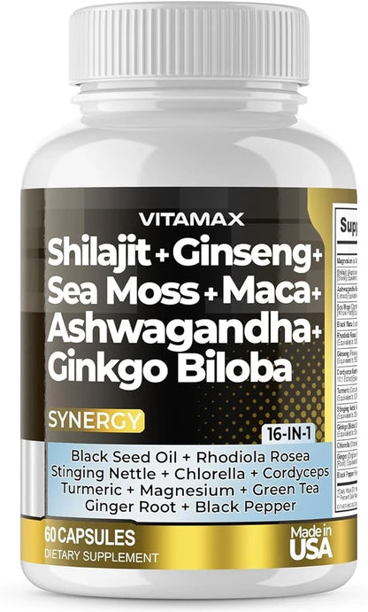Pure Himalayan Shilajit Supplement 10,000mg Ashwagandha 6,000mg Sea 2,000mg Rhodiola 1000MG Gingko 500mg Trace (60 Count 1))