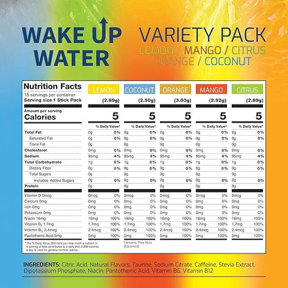 Wake Up Water - Energy + Hydration Sugar Free 15 Packet, Variety Pack - Energy Drink Powder, Electrolytes Powder Drink, Na...