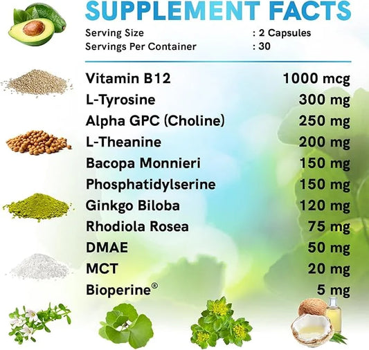 11-in-1 Nootropic Brain Supplements for Memory, Focus and Brain Support with Ginkgo Biloba, L Theanine, Bioperine, Alpha G...