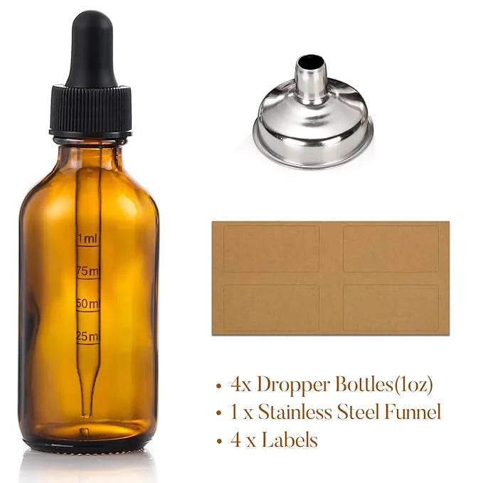 4 Pack 1 oz Glass Dropper Bottles with Measured Dropper - 30ml Dark Amber Tincture Bottles with Graduated Calibrated Glass...
