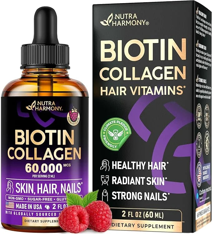 Liquid Biotin & Collagen - Vitamins for Hair Growth Support for Women & Men - Extra Strength 60000 mcg Drops - B7 Suppleme...
