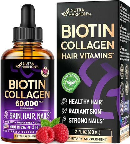 Liquid Biotin & Collagen - Vitamins for Hair Growth Support for Women & Men - Extra Strength 60000 mcg Drops - B7 Suppleme...