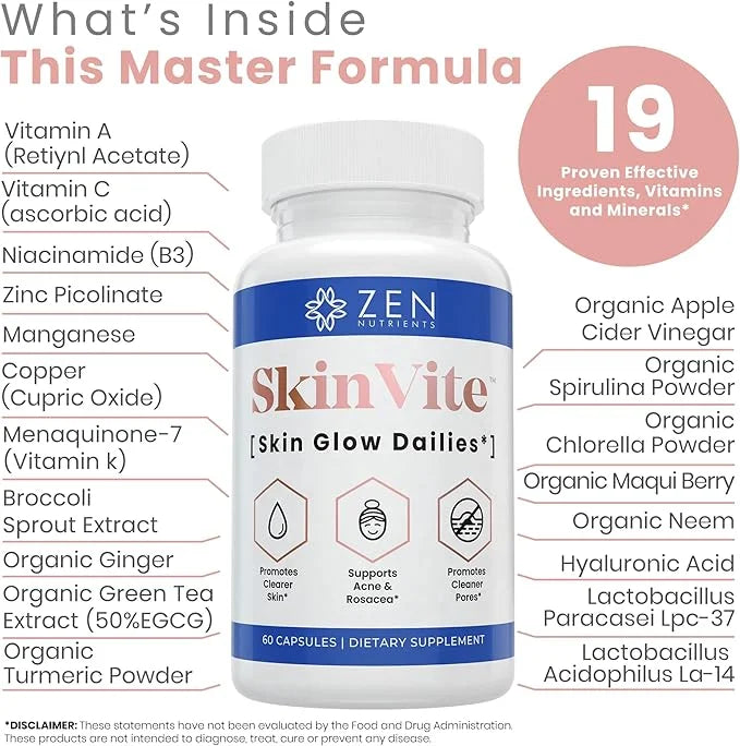 Zen Nutrients SkinVite Natural Skin Supplement for Women, Men & Teens- Hormonal Skin Treatment & Clear Skin Support Supple...