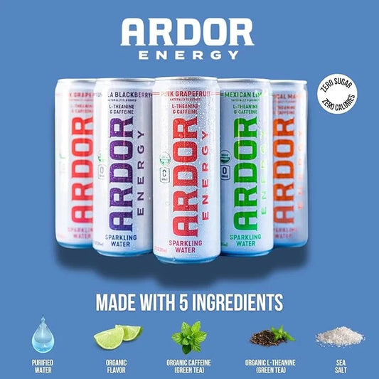 ARDOR ENERGY Sparkling Water Pink Grapefruit 12 pack with 100mg Organic Caffeine from Green Tea & 200mg Organic L-Theanine...