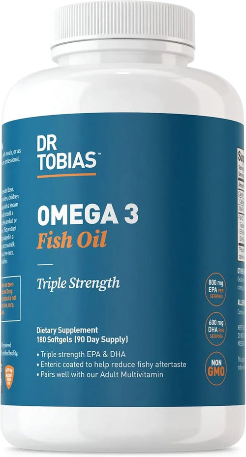 Dr. Tobias Omega 3 Fish Oil, 2000mg Triple 3 Supplement 800mg EPA 600mg DHA 3 Supplements 180 Softgels, 90 Servings