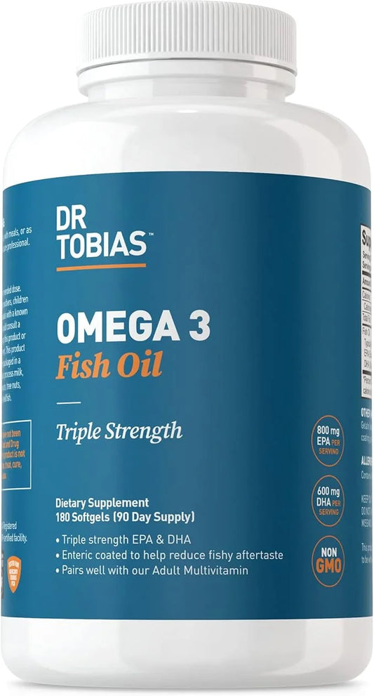 Dr. Tobias Omega 3 Fish Oil, 2000mg Triple 3 Supplement 800mg EPA 600mg DHA 3 Supplements 180 Softgels, 90 Servings