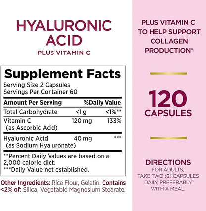 Nature's Bounty Vitamin C and Hyaluronic Acid Supplement, Supports Glowing Skin, Immune Function & Collagen Production, 12...
