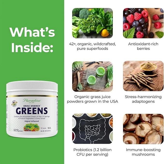 Paradise, ORAC Energy Greens Powder Extract, Super Antioxidants, Probiotics for Gut Health & Digestion, Vitamin C for Immu...