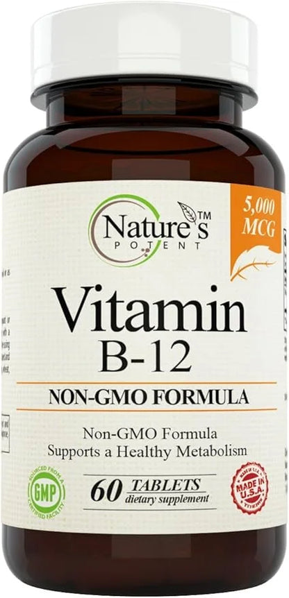 Nature's Potent Vitamin B-12, 5000mcg, Non-GMO B12) - (60 Tablets)