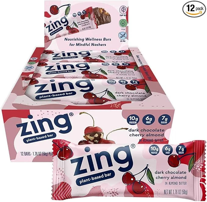 Zing Dark Chocolate Cherry Vegan Protein Bars, Gluten Free with High Protein, High Fiber, Dairy Free Nutrition Bars, Plant...
