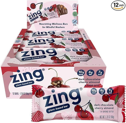 Zing Dark Chocolate Cherry Vegan Protein Bars, Gluten Free with High Protein, High Fiber, Dairy Free Nutrition Bars, Plant...