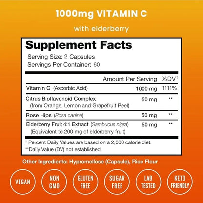 NutraChamps (2 Pack) Vitamin C 1000mg 120 Capsules 500mg Powder